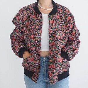 Coach New York Black Pink Floral Reversible Button Up Varsity Bomber Jacket M